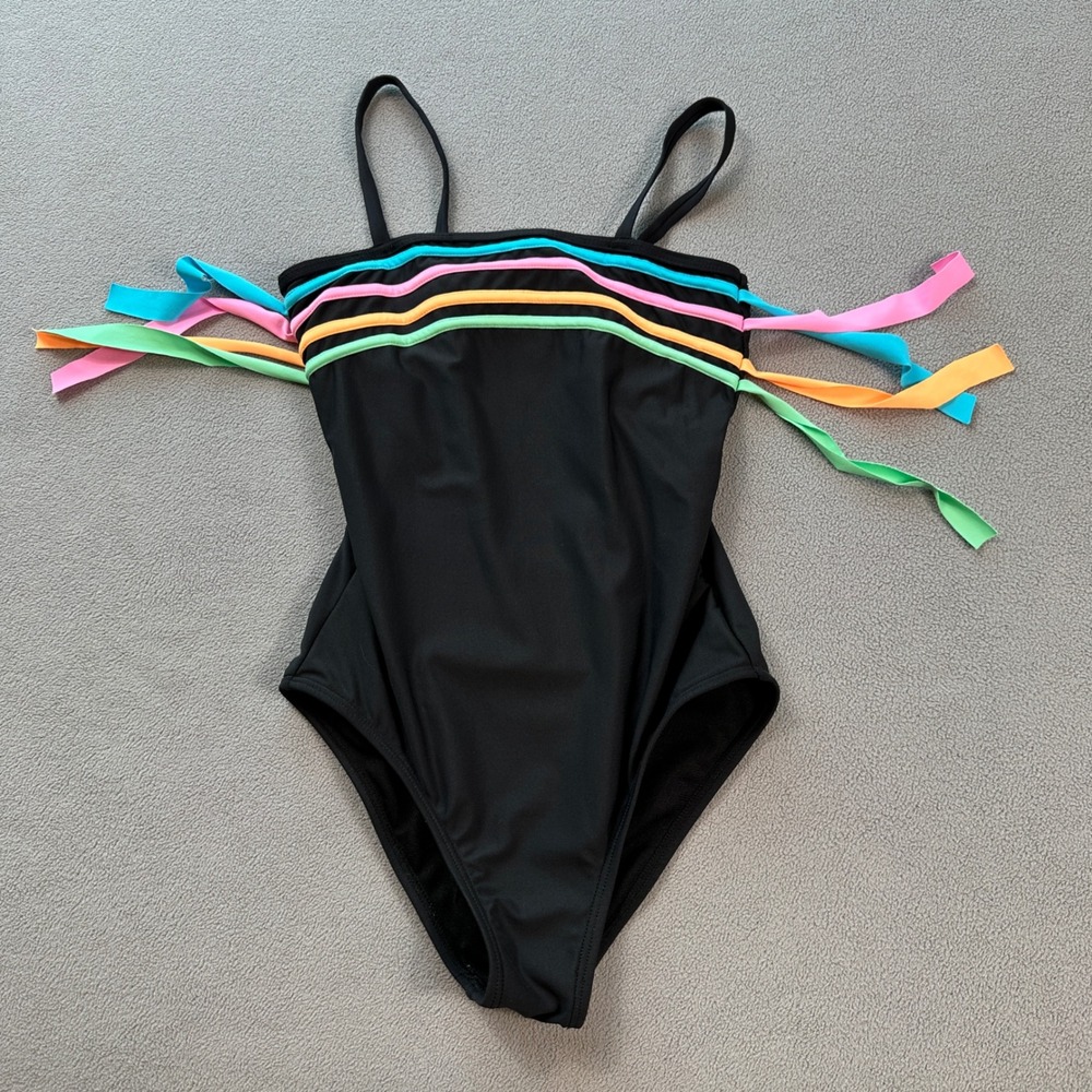 Beach Lingo Kids One Piece Swimsuit Size 10 Black Rainbow Stripe Ribbons Pool